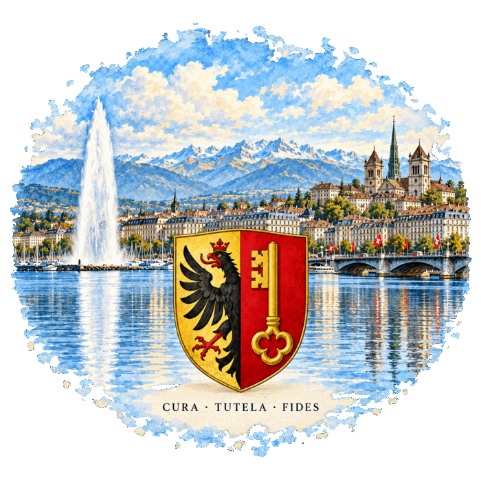 Genève peinte : le jet d'eau, la rade, la cathédrale et les Alpes, avec les armoiries genevoises et la devise Cura, Tutela, Fides